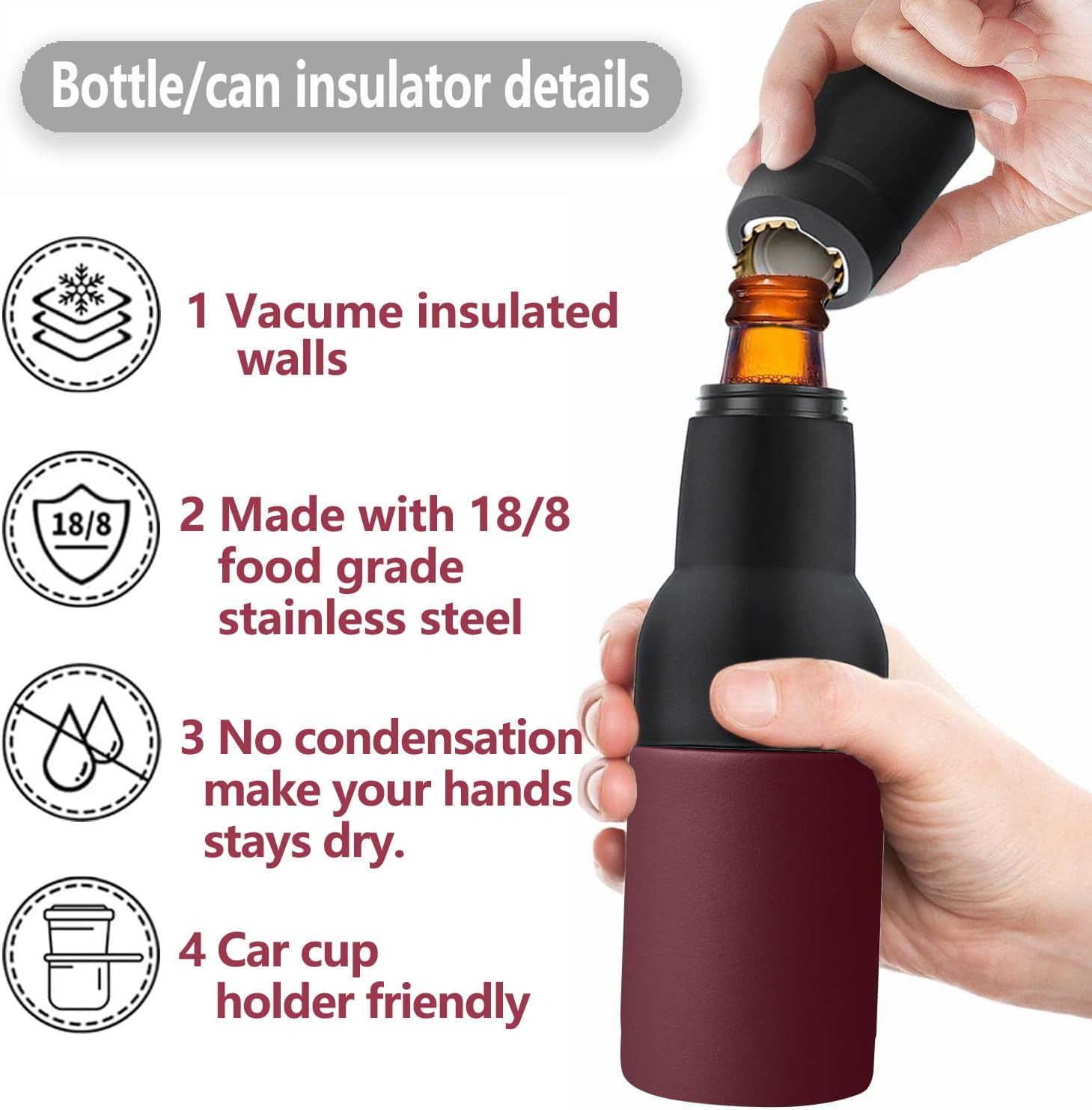 Stepstall 12 oz. Can Cooler Insulator Beer Bottle Holder w/Beer Opener, 4-in-1 Design Slim Can Beer Bottle Cooler, Double Walled Stainless Steel Insulated, Beer Gifts for Men Father (Wild Vine Red) - Image 3