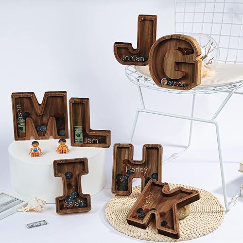 Miniatura 6 de Alcancía con nombre personalizado, 26 letras láser con texto personalizado, banco de monedas de madera, significado educativo, alcancía con nombre