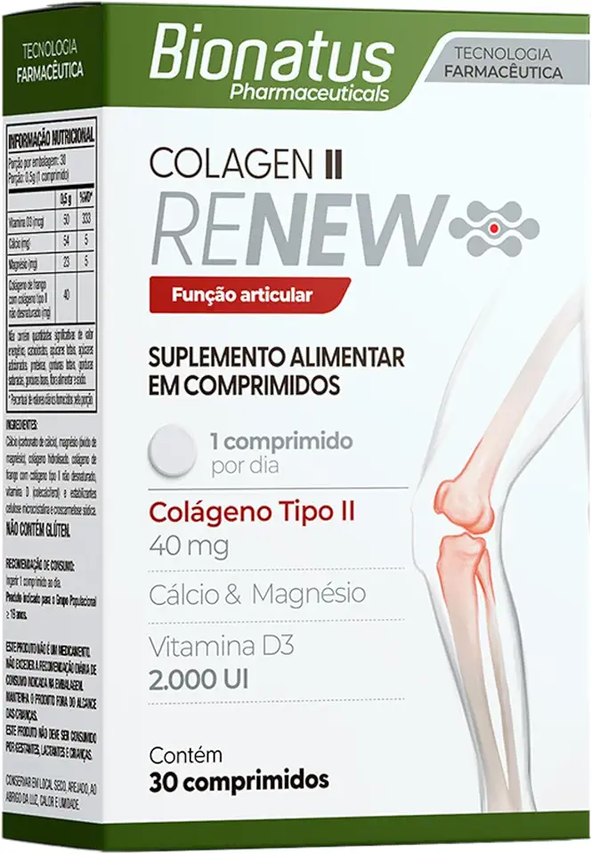 Bionatus, Colágen II, Renew, Suplemento alimentar, Colágeno Tipo II 40mg + Vitamina D3 2.000 UI + Cálcio 54mg + Magnésio 23mg, 30 cápsulas • 30 doses, Branco