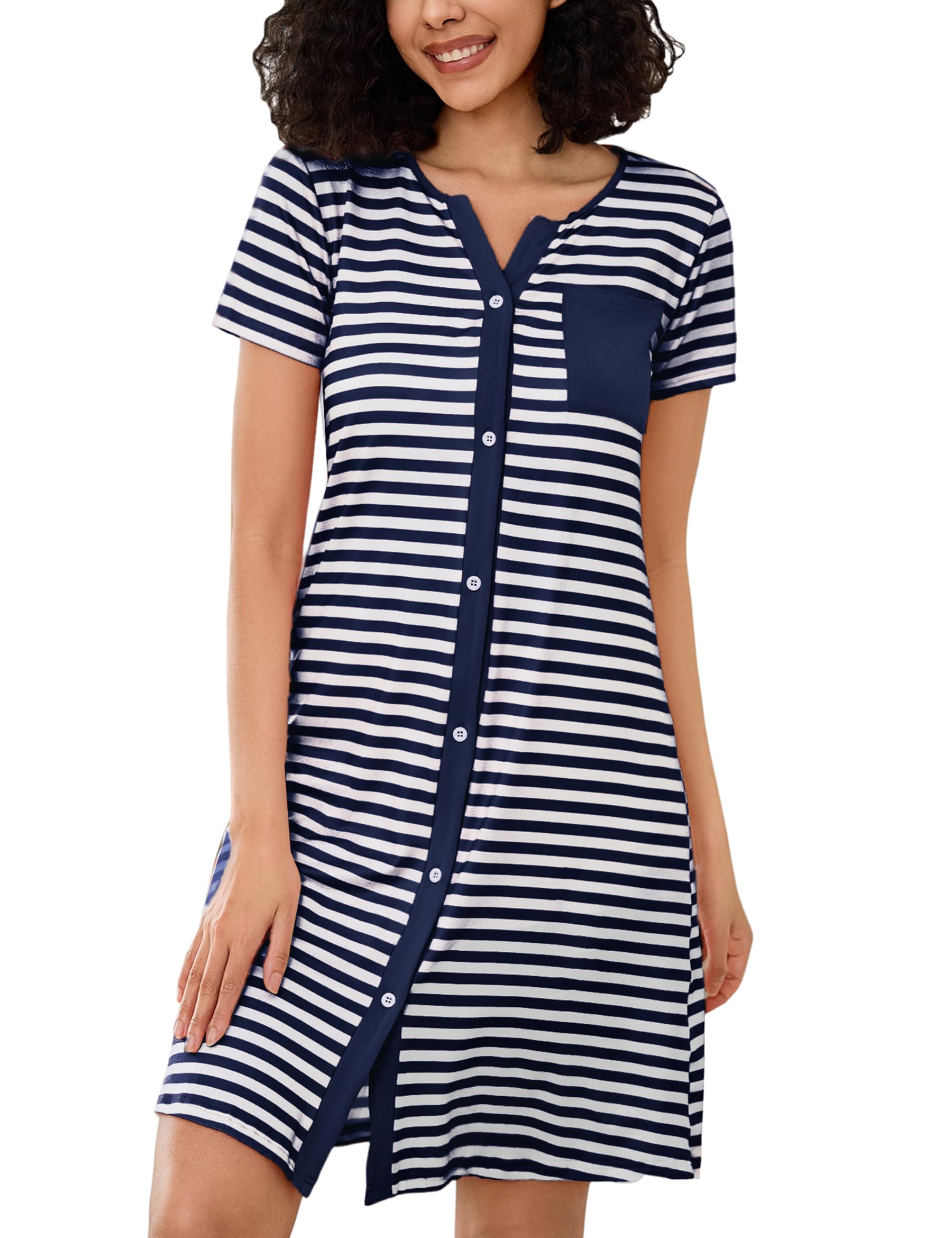 Marvmys Nachthemd Damen Baumwolle Schlafshirt mit durchgehende Knopfleiste Streife Lange Ärmel Nachtkleid Schlafhemd Nachtwäsche Umstands Stillnachthemd