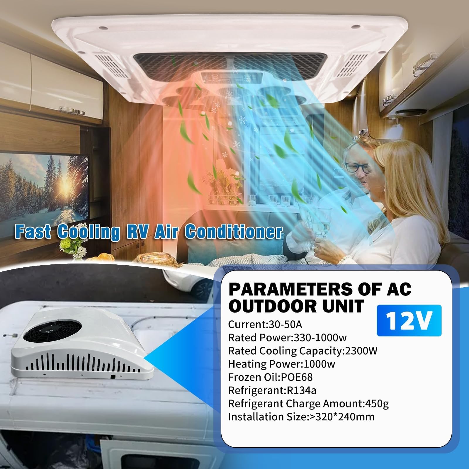 Aria Condizionata per Camper 12V/24V Portatile | Climatizzatore con Pompa di Calore e Telecomando | Ultra Silenzioso, Ideale per Roulotte e Van | Risparmio Energetico(24V)