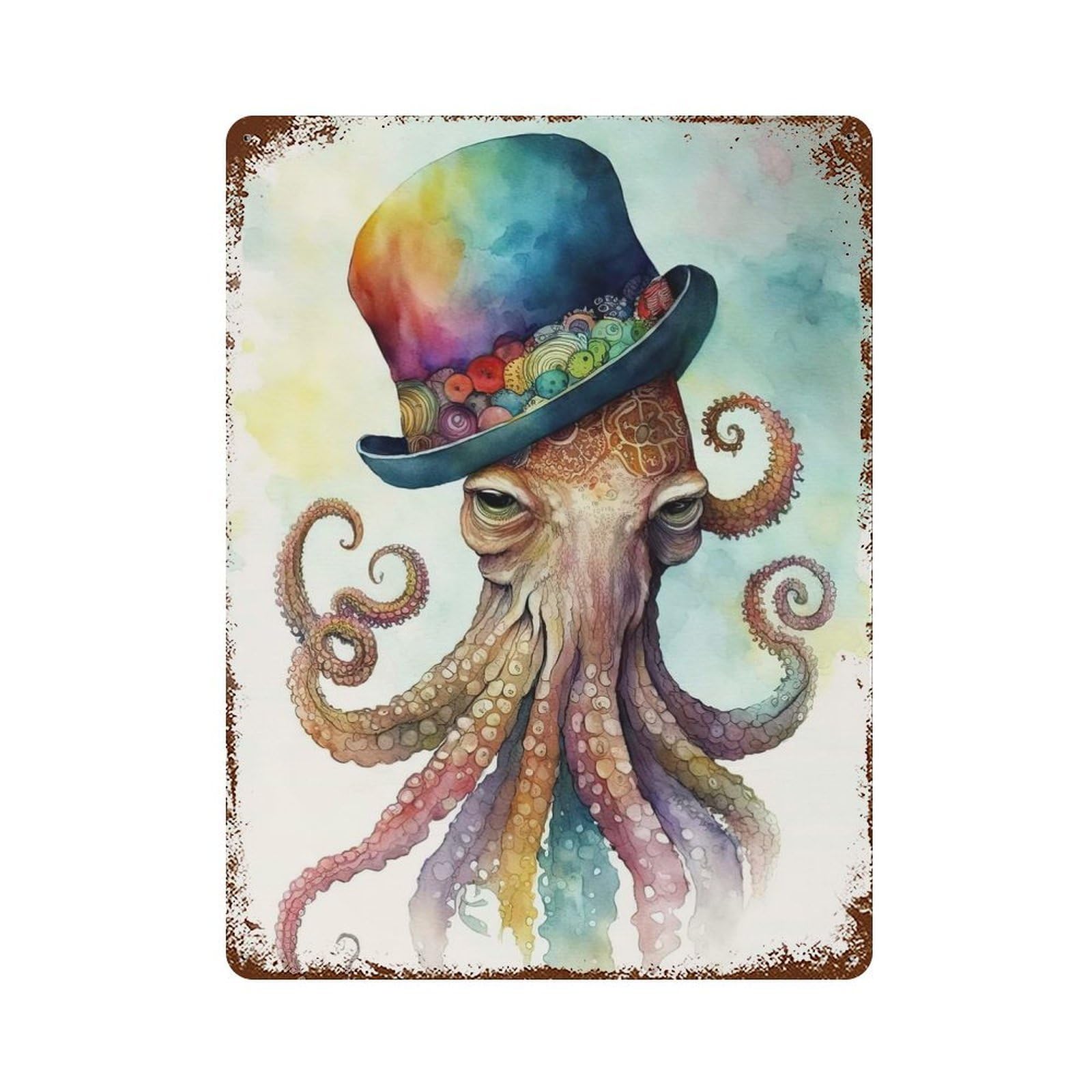 Weathered Tin Sign Octopus in Watercolor 15.7"x11.8", Rustic Home Decor for Bistro, Counter And Cafe Decor