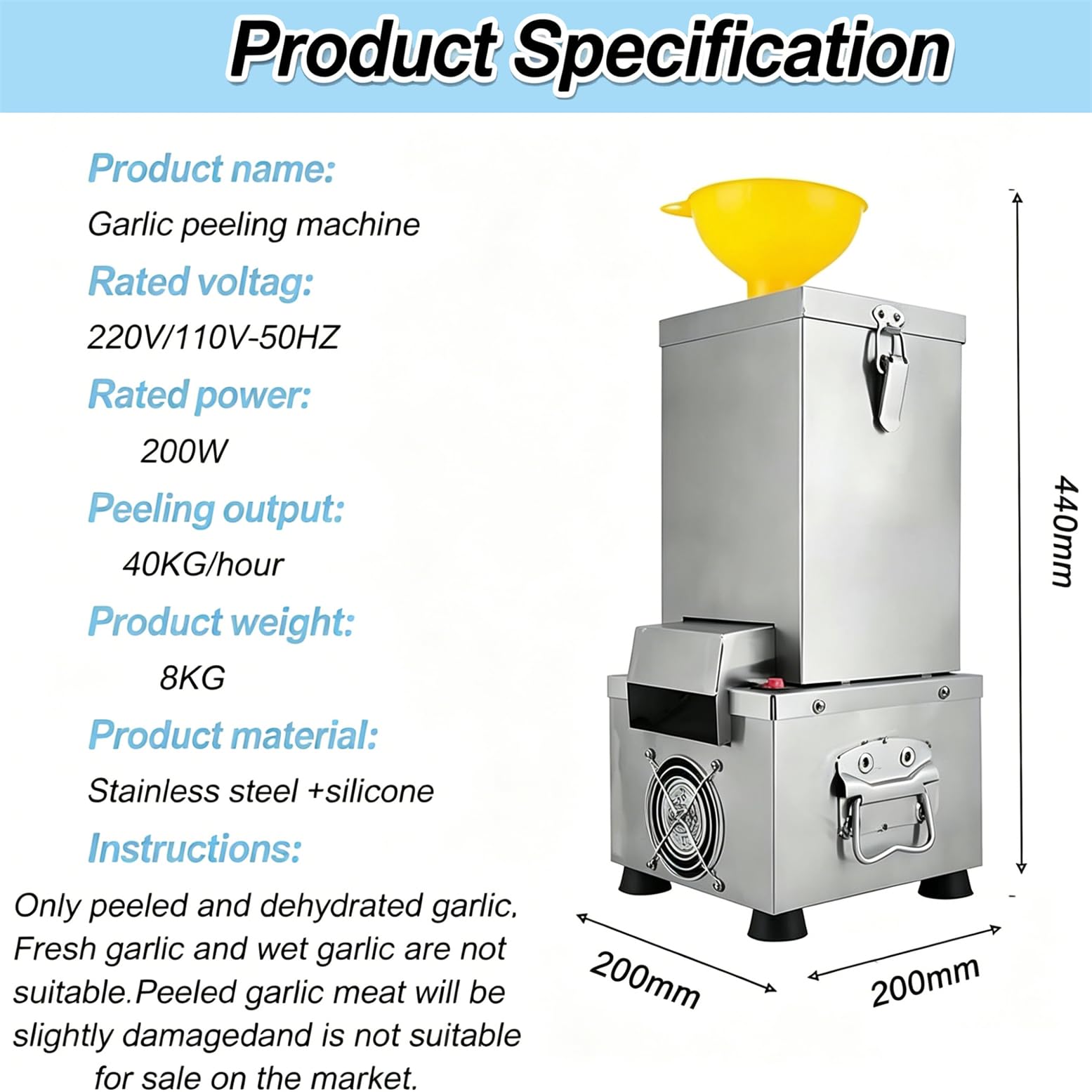 Pelapatate Elettrico Professionale per Aglio in Acciaio Inox con velocità di Pelatura di 25 kg/H per Uso Domestico, Separatore per Cereali E Ristoranti |