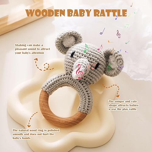 Miniatura 7 de Wooden Baby RattleCrochet Bunny Rattle with Wood Ring, Newborn Wooden Animal Rattle ToyInfant Pink Bunny Wood Rattle ToysBunny-3