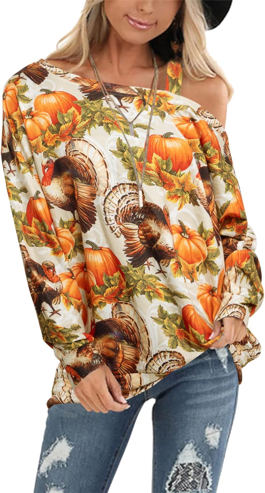 QLIPIN Thanksgiving Shirts for Women Funny Cold Shoulder Sweatshirts Casual Pumpkin Turkey Long Sleeve Tops Blouses