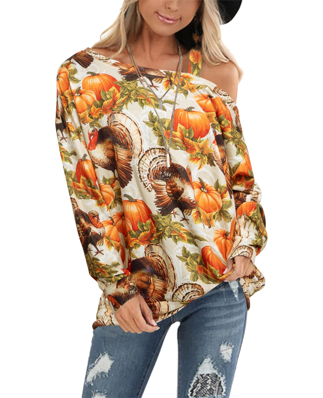 QLIPIN Thanksgiving Shirts for Women Funny Cold Shoulder Sweatshirts Casual Pumpkin Turkey Long Sleeve Tops Blouses