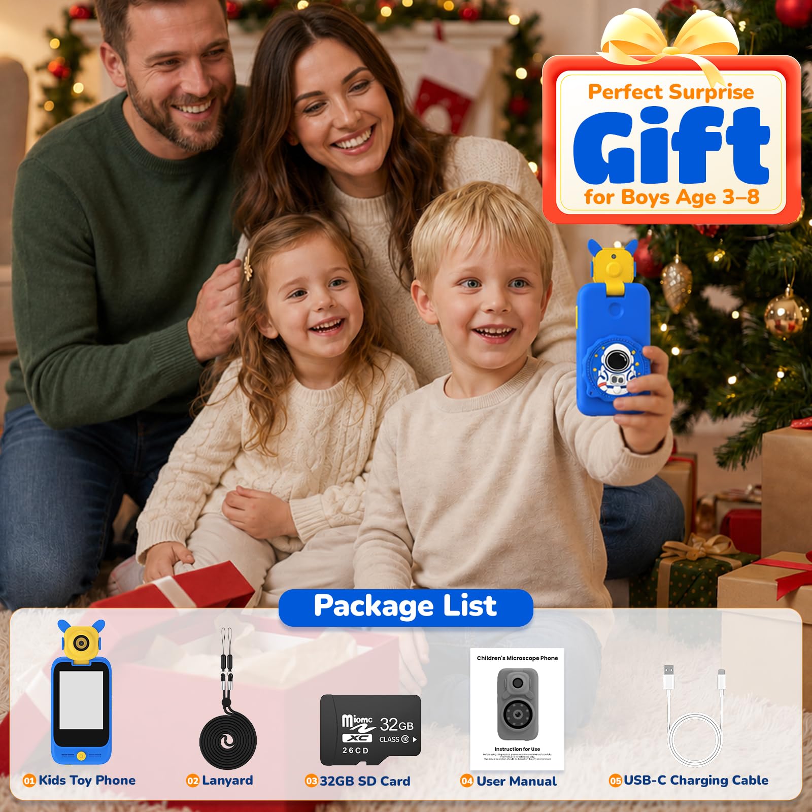 Smart Phone giocattolo per bambini per ragazzi: telefono cellulare con fotocamera flip a 180° e obiettivo microscopio, touchscreen da 2,8", ABC educativo, musica, giochi, scheda da 32 GB, per bambini