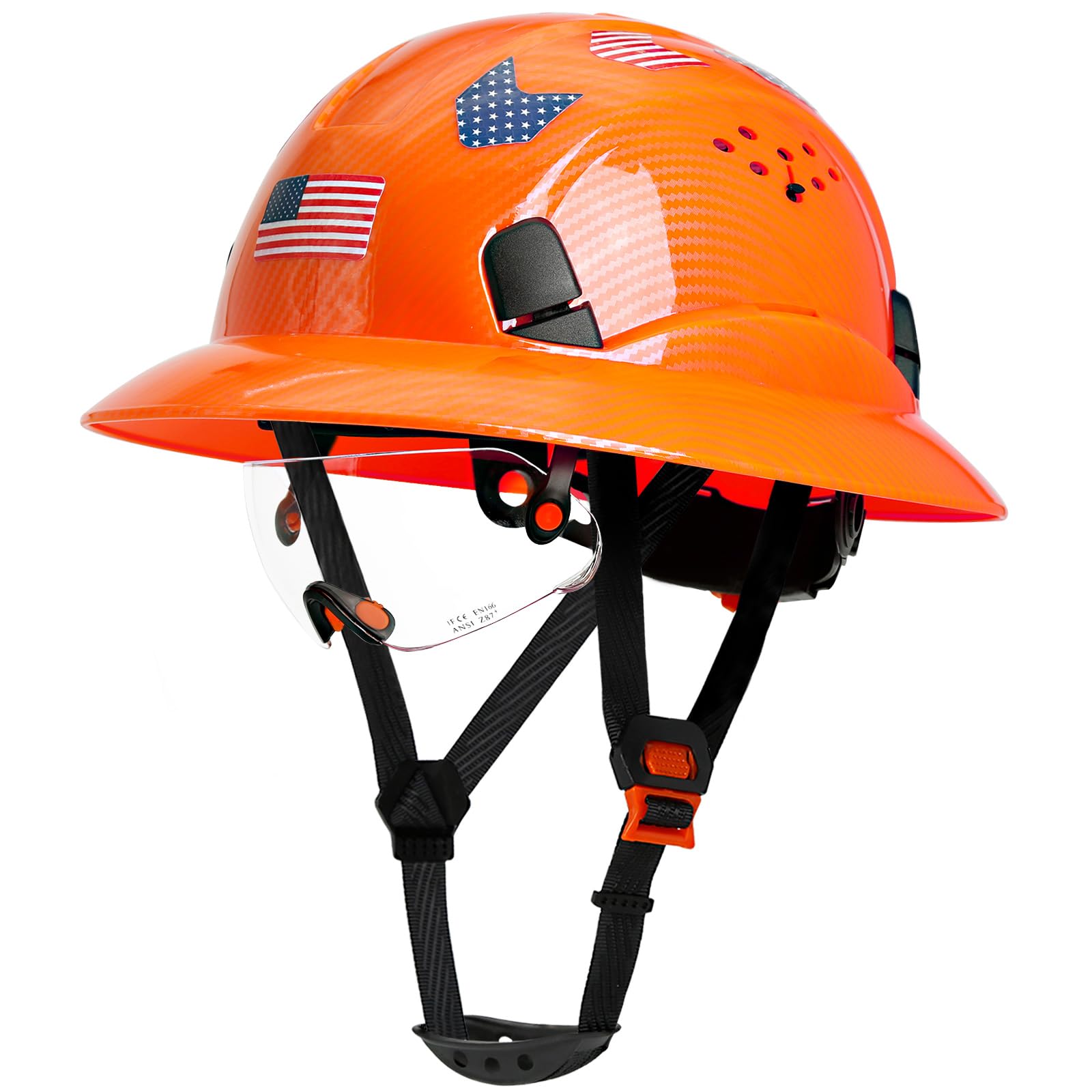 Carbon Fiber Pattern Full Brim Hard Hat with Visor-OSHA Approved Construction Safety Helmet for Men Women,ANSI Z89.1 Vented Reflective Hardhat with Hard Hat Chin Strap,6-Point Suspension