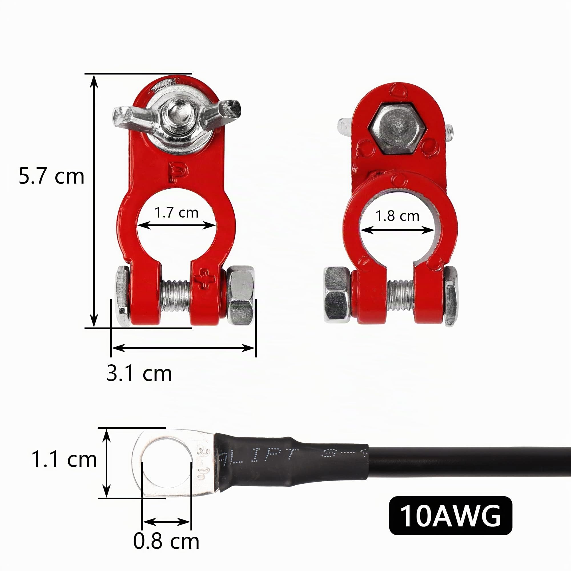 CERRXIAN 1 par de cables de conexión de batería de 10 AWG rojo y negro para batería de coche, aleación de aluminio, conectores para automóvil, marino, solar, solar, autocaravana, motocicleta