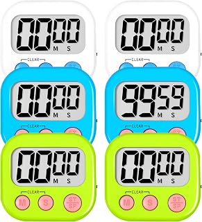 ZILLEEN 6-Pack Magnetic Digital Kitchen & Classroom Timers for Cooking, Teachers, Kids - Loud Buzzer, Large Display, White Blue Green