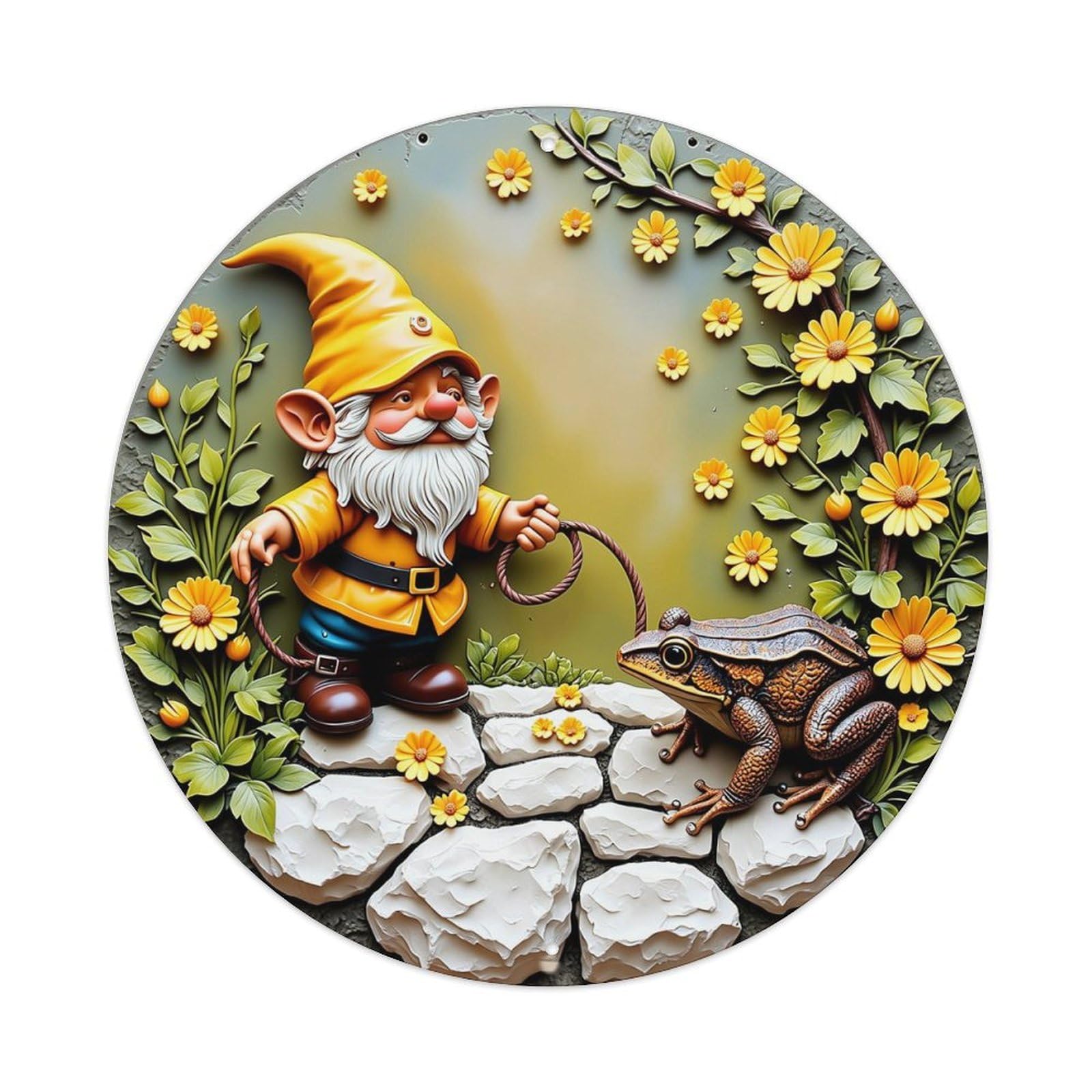 Gnome Frog Flowers Stones Garden Retro Metal Sign Round Tin Sign, Vintage Decor Art Poster for Bar, Home, Man Cave, Kitchen, Laundry Room Gift 8x8Inch