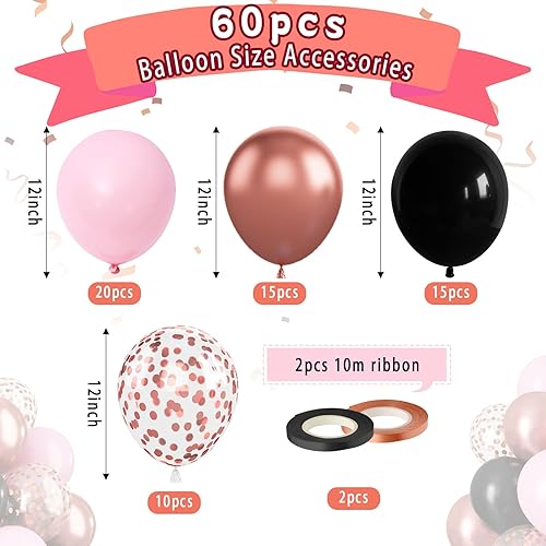 Miniatura 2 de Paready - Globos de látex negro y rosa, 60 piezas de 12 pulgadas de oro rosa metálico y confeti para cumpleaños de niñas, baby shower, compromiso