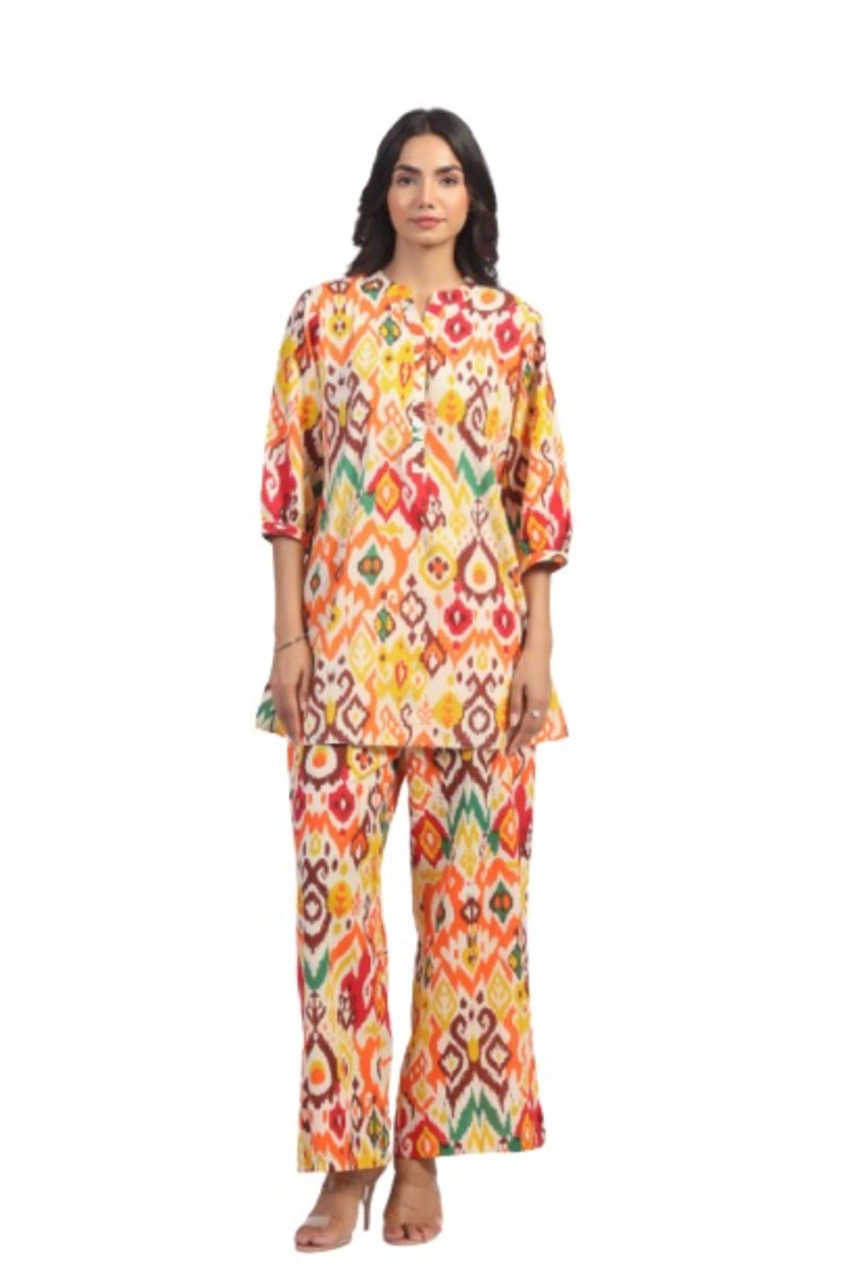 Rich Prismatic Ikkat Cotton Co-ord Set for Women-image-37
