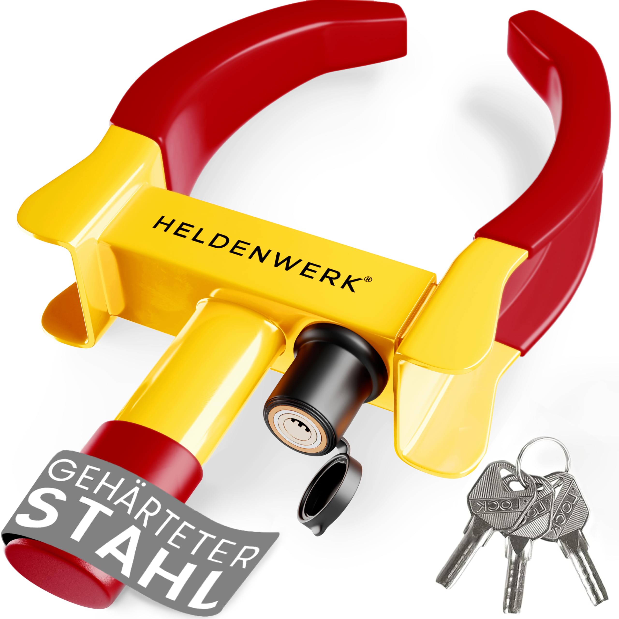 HELDENWERK® Parkkralle Radkralle mit Hochsicherheitsschloss & 3 Schlüsseln - für Anhänger, Wohnmobil, Wohnwagen, Auto - PKW Reifenkralle, Autokralle, Rad-Kralle für 18-30cm Reifenbreite (Gelb/Rot)