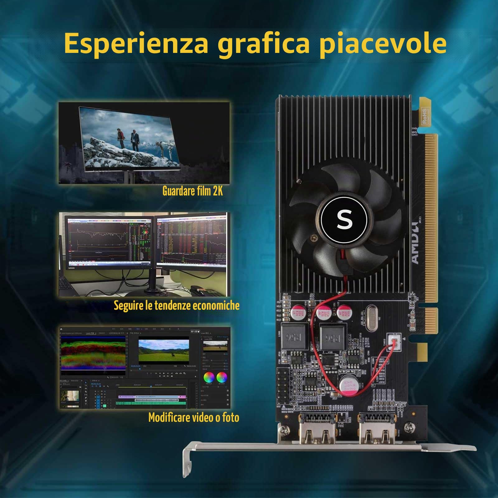 Radeon HD 6570 Scheda Grafica, 2 HDMI, 1G GDDR3 64-bit, Schede Video PC, basso profilo, GPU per computer, PCI Express x16, per Win 7,8,10