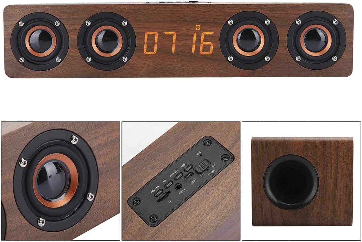 PUSOKEI LED Clock Display Bluetooth Speaker, Long LED Digital Time Display Wooden Strip Bluetooth Bass Speaker Support FM Function/3.5mm Audio Input/TF Card/Alarm Setting - Image 2