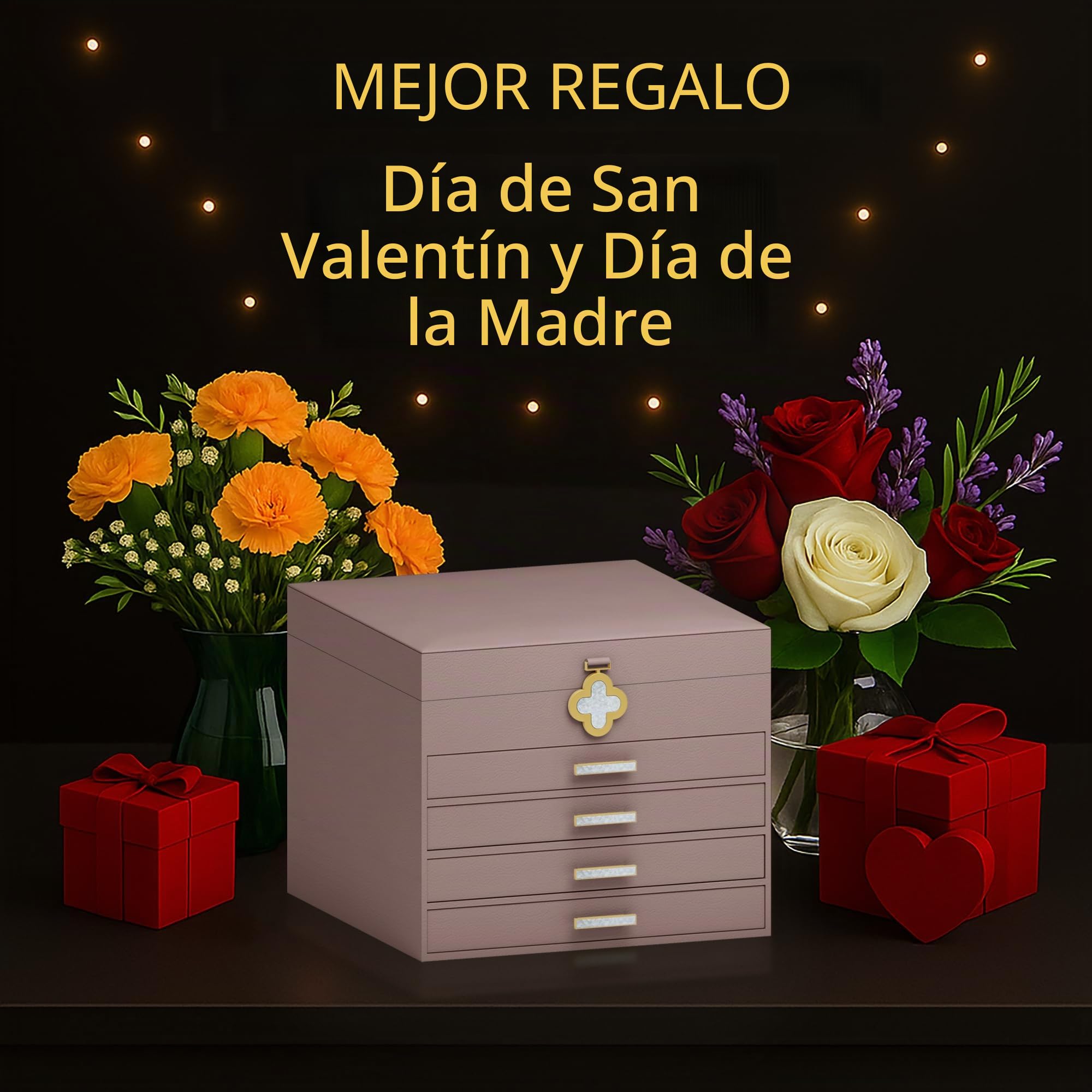 ADEL DREAM Joyero de 5 niveles con botón de trébol, almacenamiento de joyas con bandeja extraíble, organizador de joyas con espejo grande, compartimentos ajustables para manualidades, para madres y