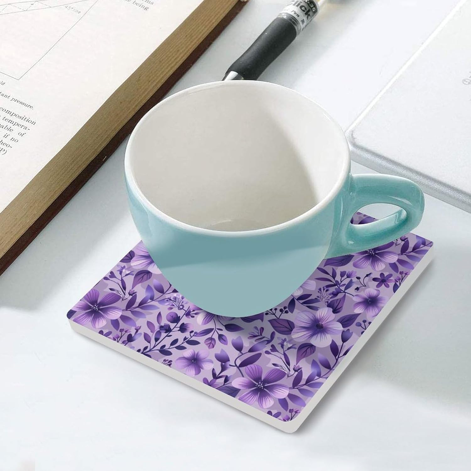 Lavender Purple Floral Print Coaster for Drinks Square Ceramic Table Coasters Stone Mat Crafts 4PCS Home Kitchen Decor
