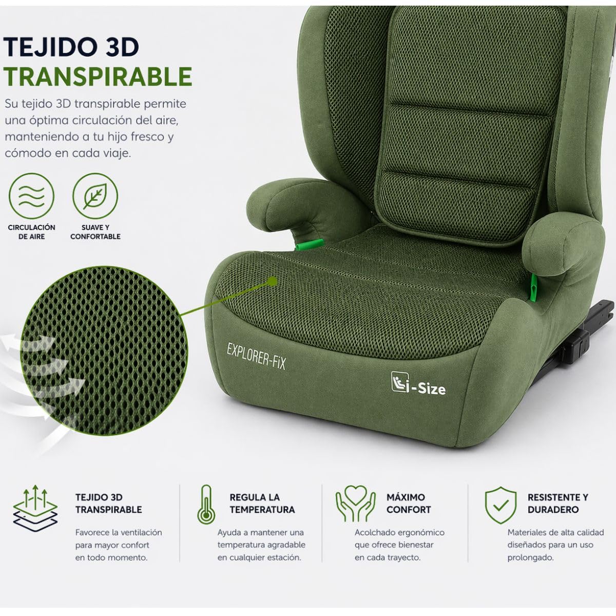 First Step Explorer Fix Silla Coche Niño i-Size (100-150 cm), Grupo 2/3 ISOFIX, Reposacabezas 13 Posiciones, Reclinable, Protección Lateral SPS, De 3,5 a 12 Años, Convertible en Alzador, Verde
