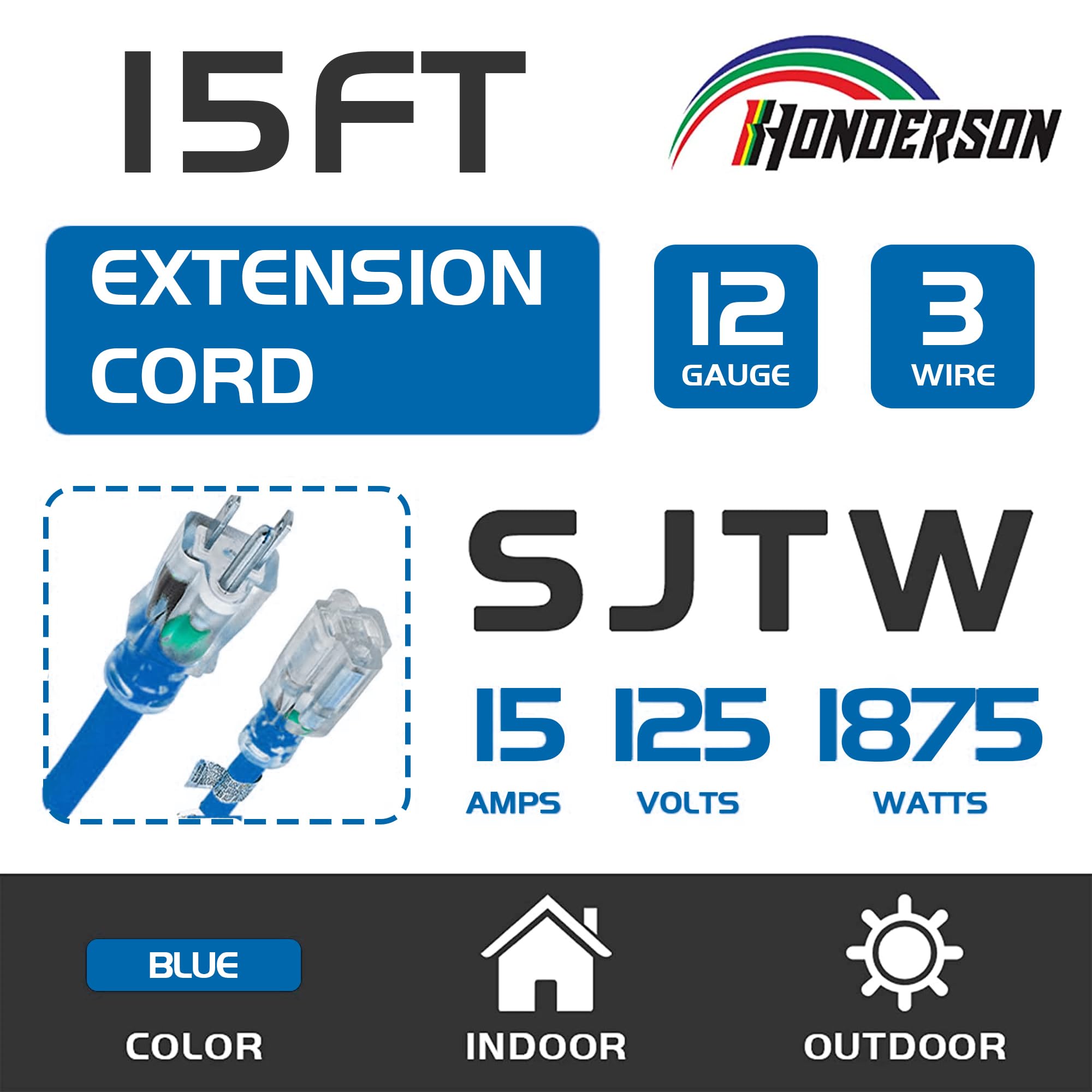 Cable de extensión para exteriores con iluminación de 15 pies, calibre 12/3 - Cable de extensión SJTW de 3 puntas resistente azul con enchufe de 3 puntas para mayor seguridad, listado UL