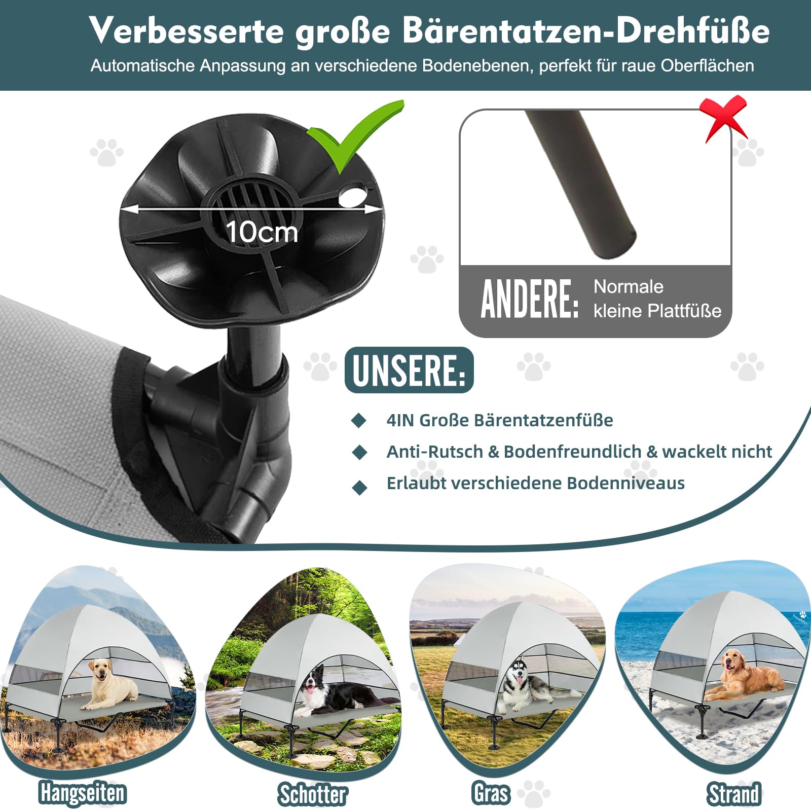 Snagle Paw Hundeliege mit Dach,Erhöhtes Hundebett mit Stabile Anti Rutsch Füße,Breiterer Schatten Hundeliege Outdoor,Wasserfest Hundebett mit Dach Grosse Hunde Camping Indoor & Outdoor
