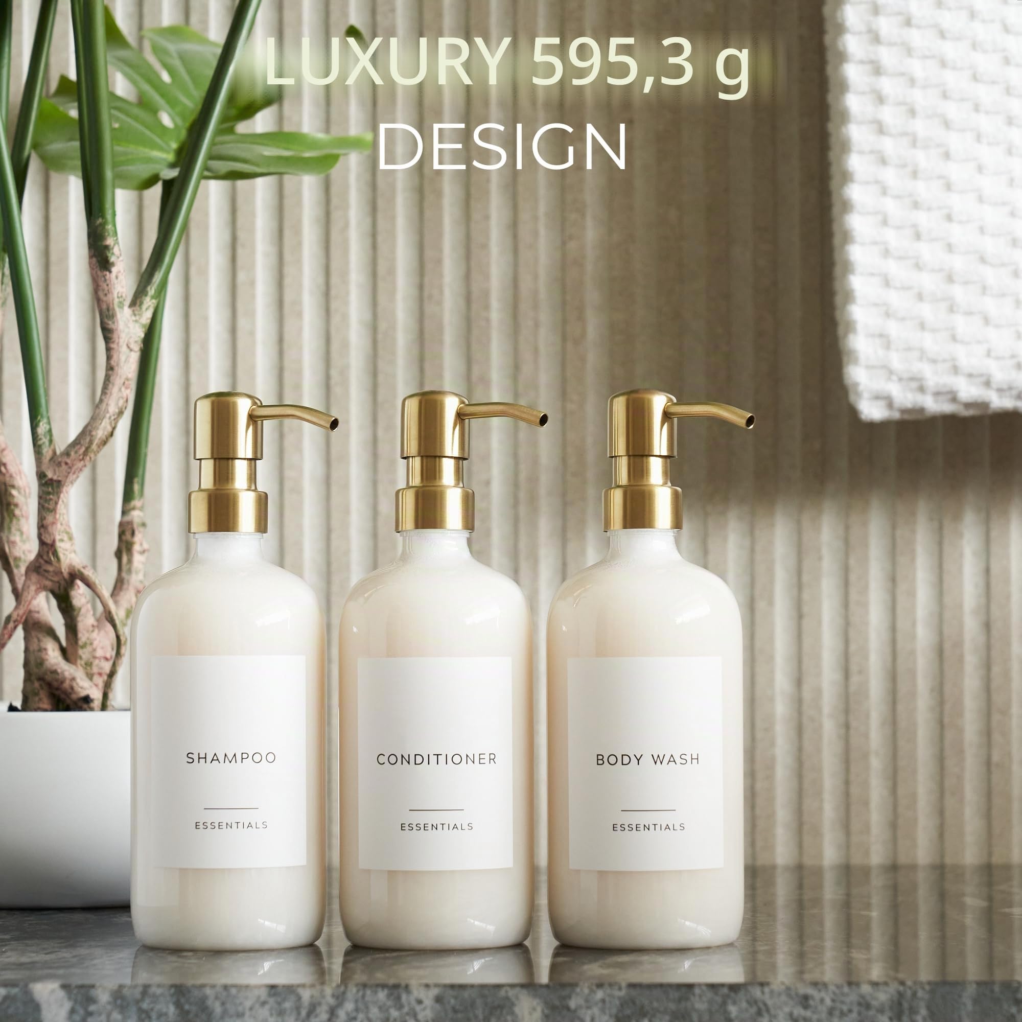 Elegante dispenser per shampoo e balsamo, set da 3 – Moderne bottiglie di sapone da doccia con pompa ed etichette, dispenser per bagnoschiuma facile da riempire per un aggiornamento istantaneo della