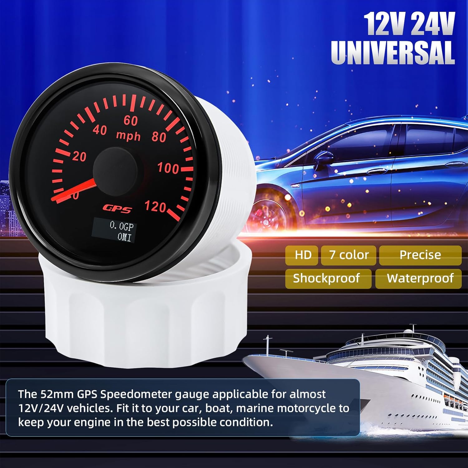 ARTILAURA 52mm 2-1/6" GPS Speedometer Digital Boat GPS Speedometer Odometer Car 120MPH 7 Color Waterproof Marine AUTO Gauge 9-32V(Black)