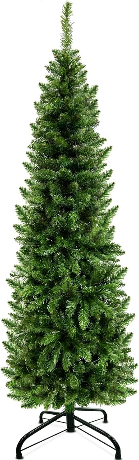 TURNMEON 5 Ft Pencil Christmas Tree with Thick 550 Tips, Metal Stand, Hinged Premium Realistic Spruce Green Branch Artificial Xmas Slim Tree Decor Home Indoor Outdoor Party