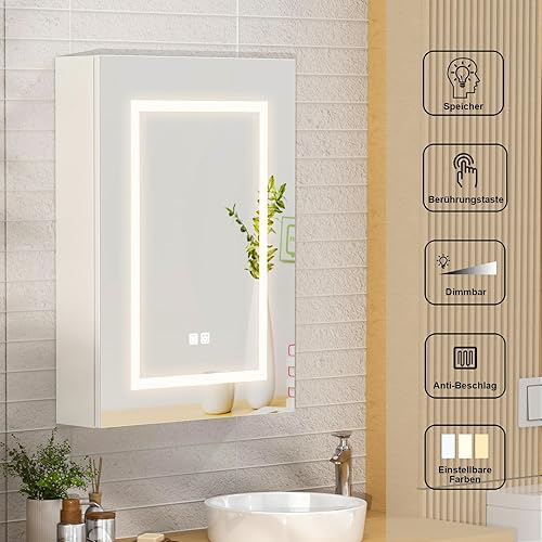 Miniatura 5 de Espejo de botiquín iluminado para baño, botiquín LED con desempañador, montado en la pared, espejo de baño LED con almacenamiento, 20 x 28 pulgadas