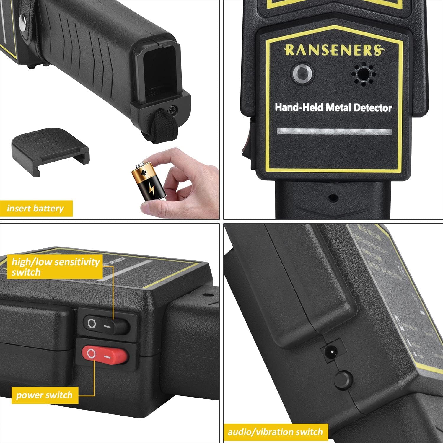RANSENERS Hand held Metal Detector Wand,Handheld Metal Detector Wand Security Scanner,High-Sensitivity Security Wand Metal Detector,Battery Powered, Security Wand Body Scanner with Light