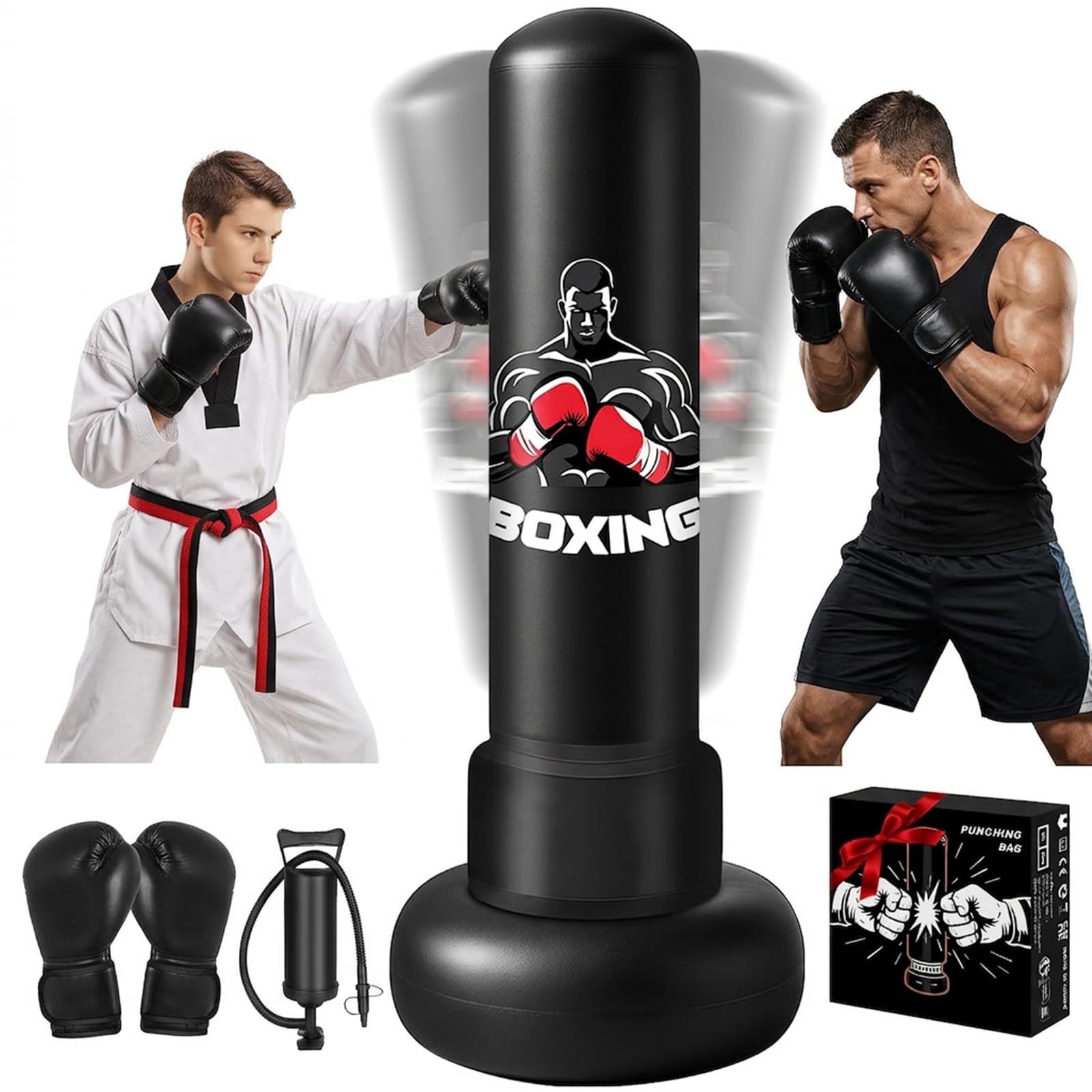 Sac de Frappe autoportant pour Adultes 180 cm Sac de Boxe Gonflable avec Support PVC épais Gants de Boxe Noirs et Pompe à air – Entraînement à Domicile pour MMA Muay Thai Kickboxing