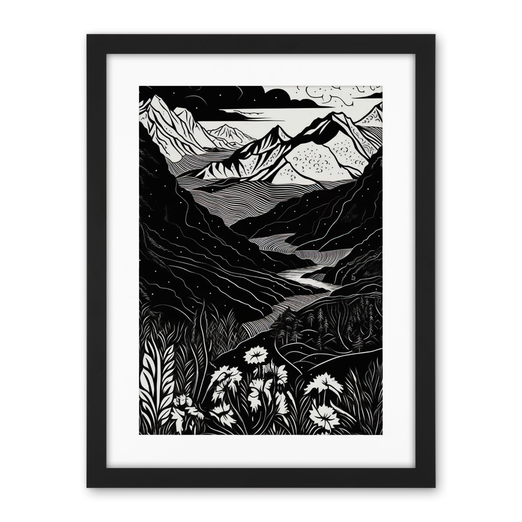 Artery8 Wildflowers in Spring Mountain Landscape Linocut Artwork Framed Wall Art Print 18X24 Inch