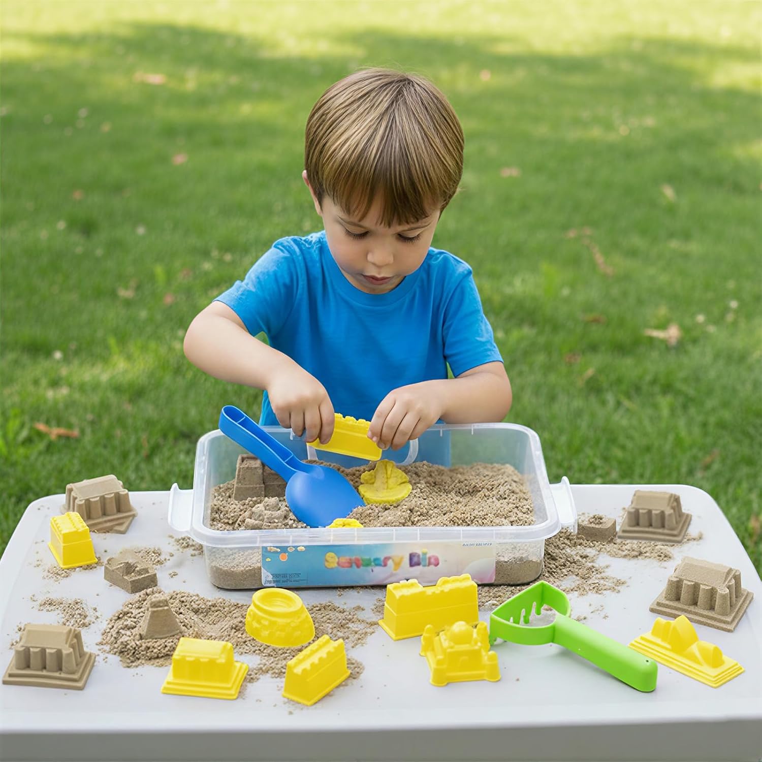 PreTrans Construction Sensory Bin – World Landmarks Sensory Sand Box，Painting Light Box – Kids Light Table for Creative Art(Blue)