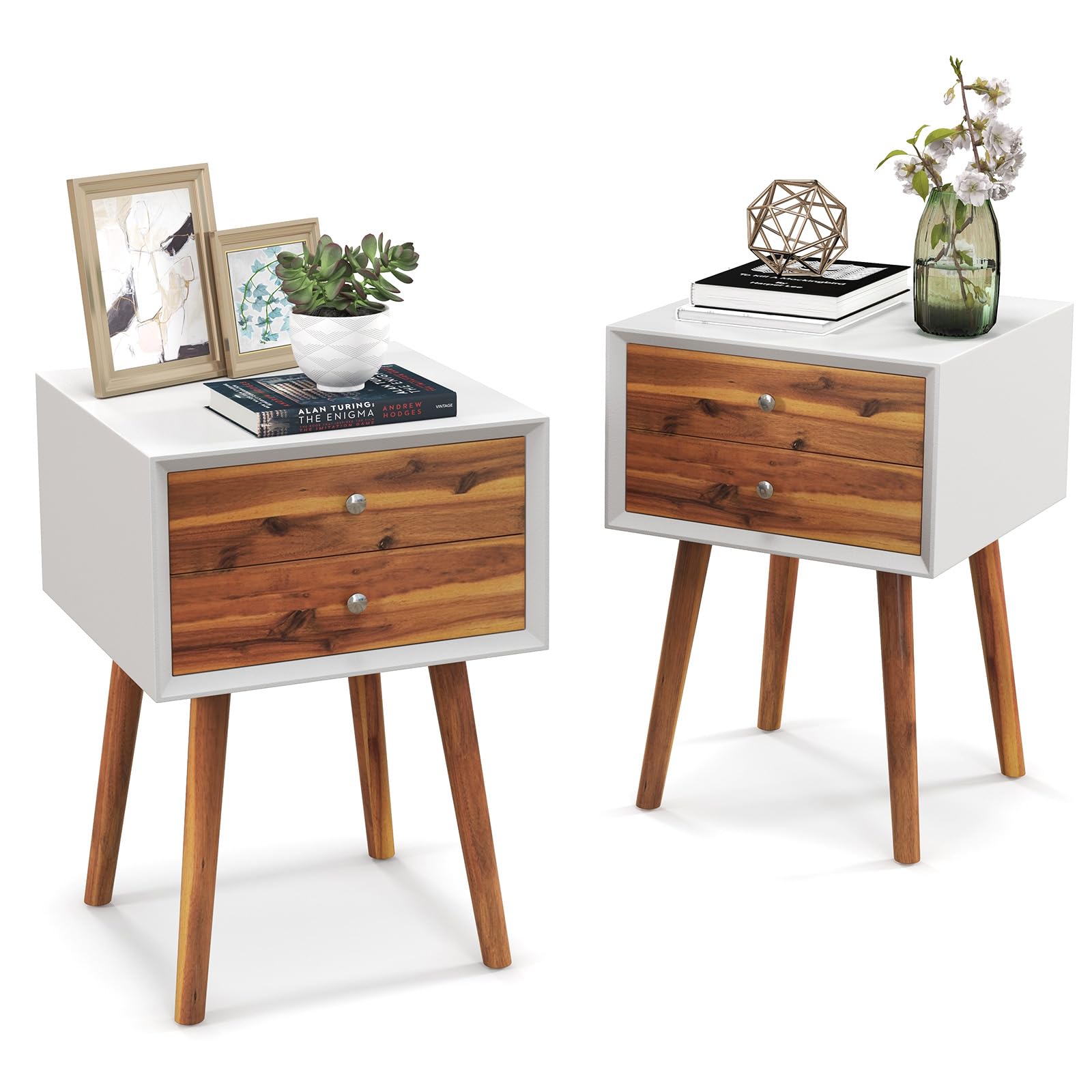 Giantex Mid Century Modern Nightstand Set of 2, Wooden Bedside Tables w/ 2 Storage Drawers & Solid Wood Legs, Practical End Side Table for Living Room