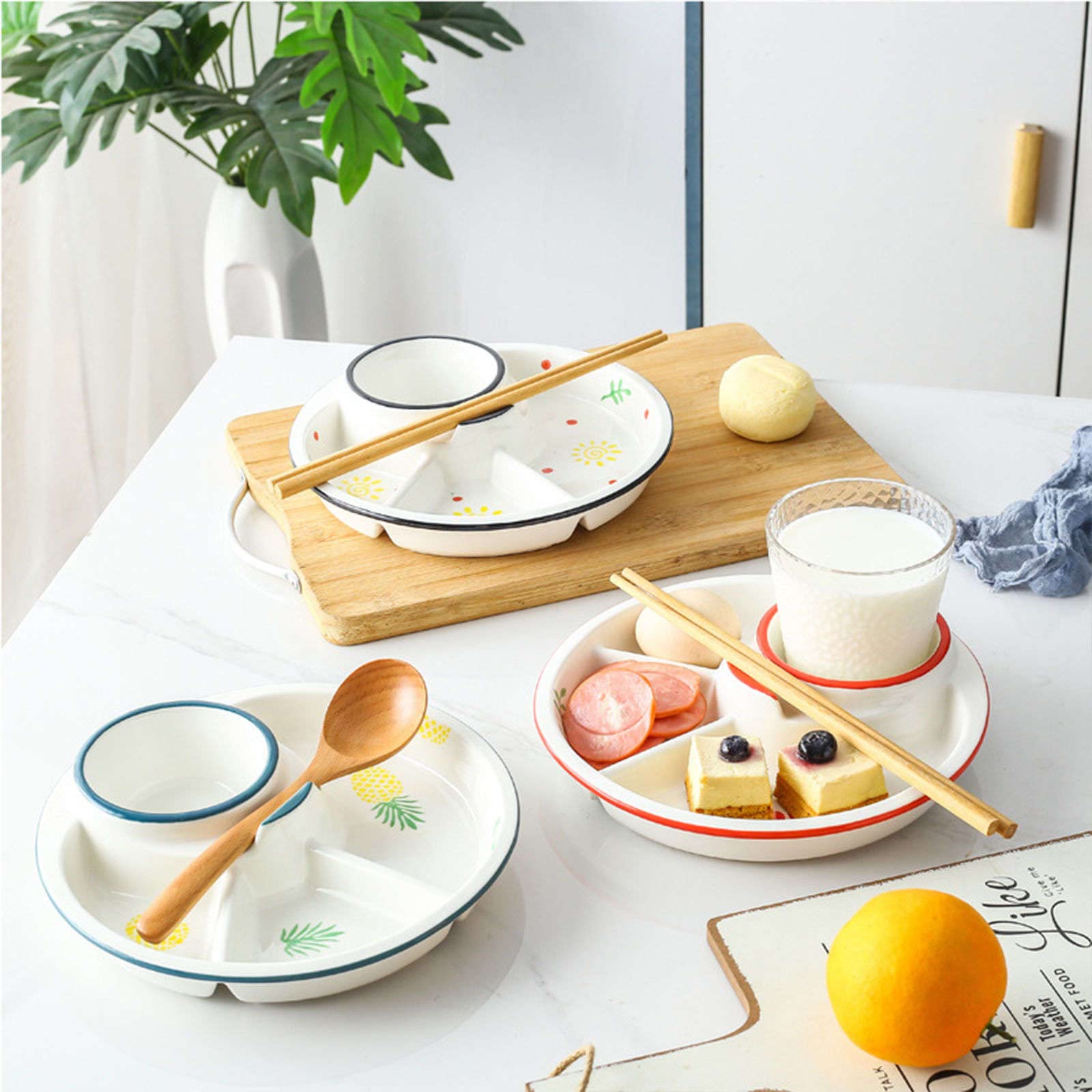 Podzielone talerze obiadowe, talerz kontrolujący dietę, kontrolujące porcje, podzielone dla dorosłych, śniadaniowy-talerz słoneczny z kolorowym kubkiem(Strawberry,Plate with cup)