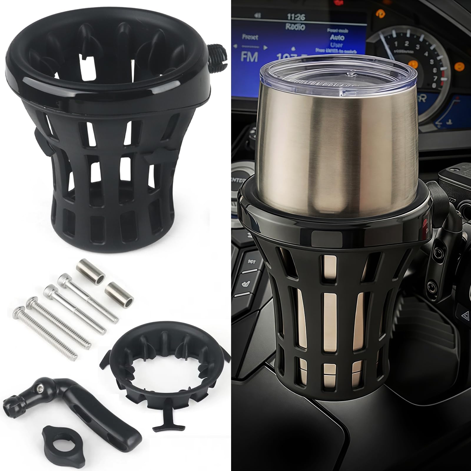 Getränkehalter für Motorradlenker, Halterung in Chrom/Schwarz, Lenker Getränkehalterung für Harley Davidson, Verbesserter Motorrad-Becherhalter für Goldwing GL 1800(102/142 mm) (Schwarz, 142mm)