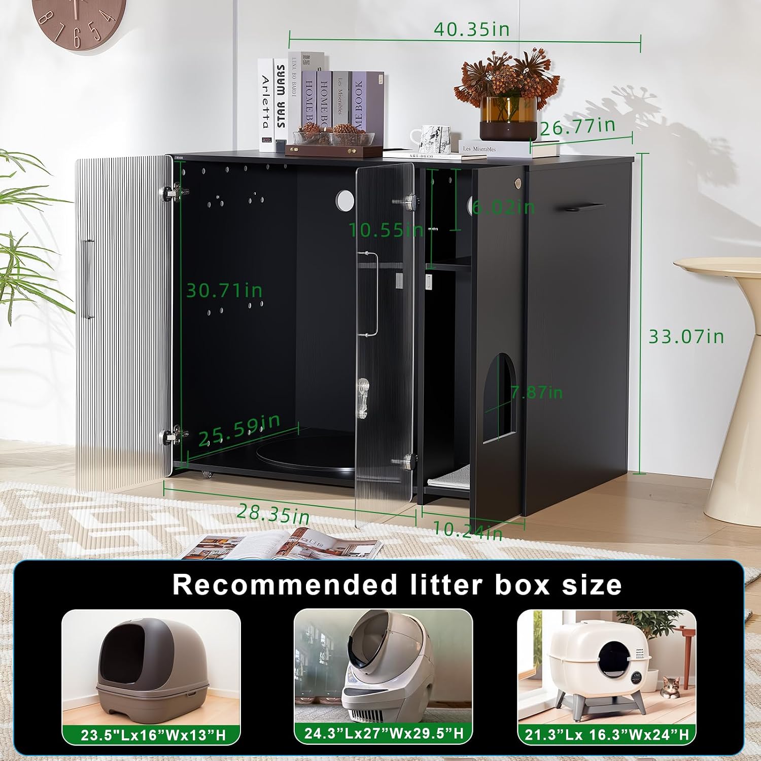 Cat Litter Box Enclosure - Dog Proof Cat Litter Box with Pull-Out, Rotating Features, Includes Power Outlet and Acrylic Wave-Patterned Door Panels with Lock,Elegant Black