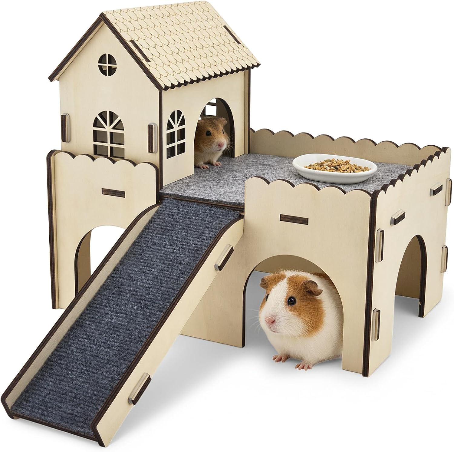 3-in-1 Guinea Pig House Wooden Hamster House with Platform Stairs and Mats Extra Large Guinea Pig Castle Removable Hideouts for Hamsters Rabbits & Chinchillas