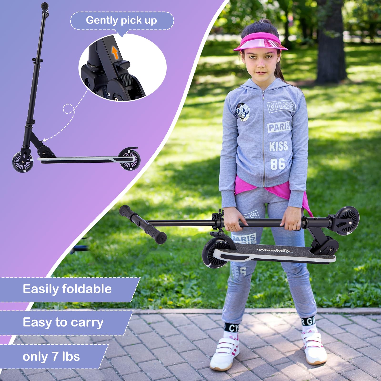 Patinete para edades de 5 a 12 años, niños, adolescentes. Carga máxima de 155 libras. Plegable, ligero, con ruedas iluminadas y cubierta de luz dinámica, adolescentes y adultos, 3 niveles 5
