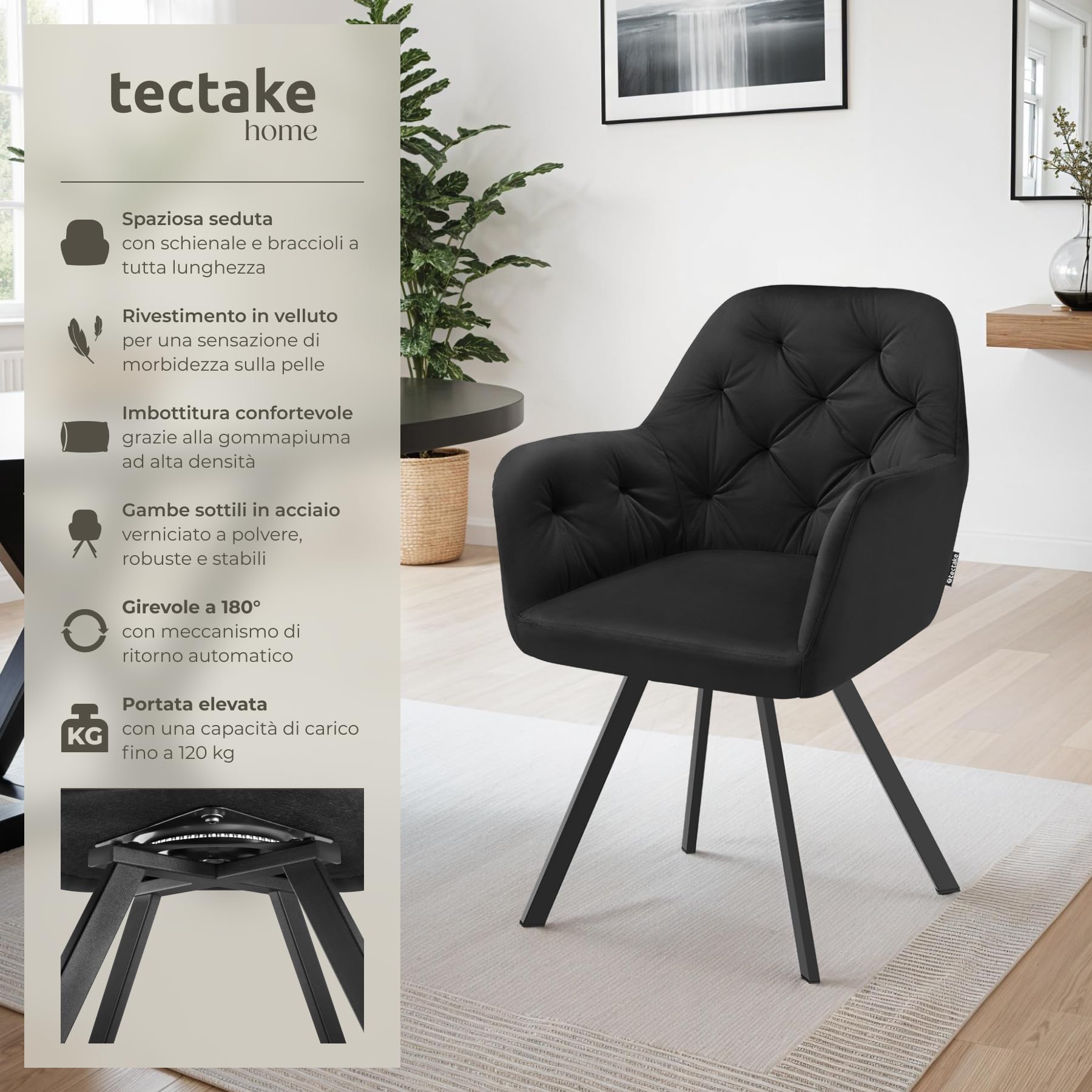 tectake® Set da 4 Poltrona Girevole in Velluto, Sedia Sala da Pranzo con Braccioli, Seduta e Schienale Ergonomici, Rotazione a 180°, Sedia Moderne con Gambe in Acciaio - Nero