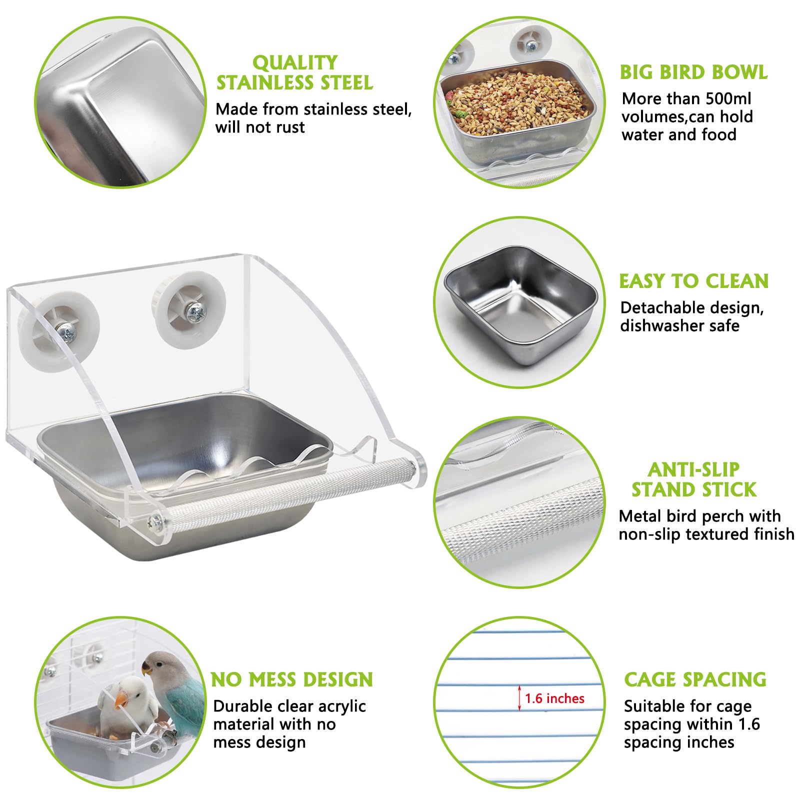BNOSDM Bird Feeder for Cage with Stainless Steel Food & Water Bowl Acrylic Parakeet Seed Dishes with Anti-Slip Perch Stand for Parrot, Cockatiel, Lovebird, Canary, Finch,Conure,Cockatoo, Pigeon - image 3