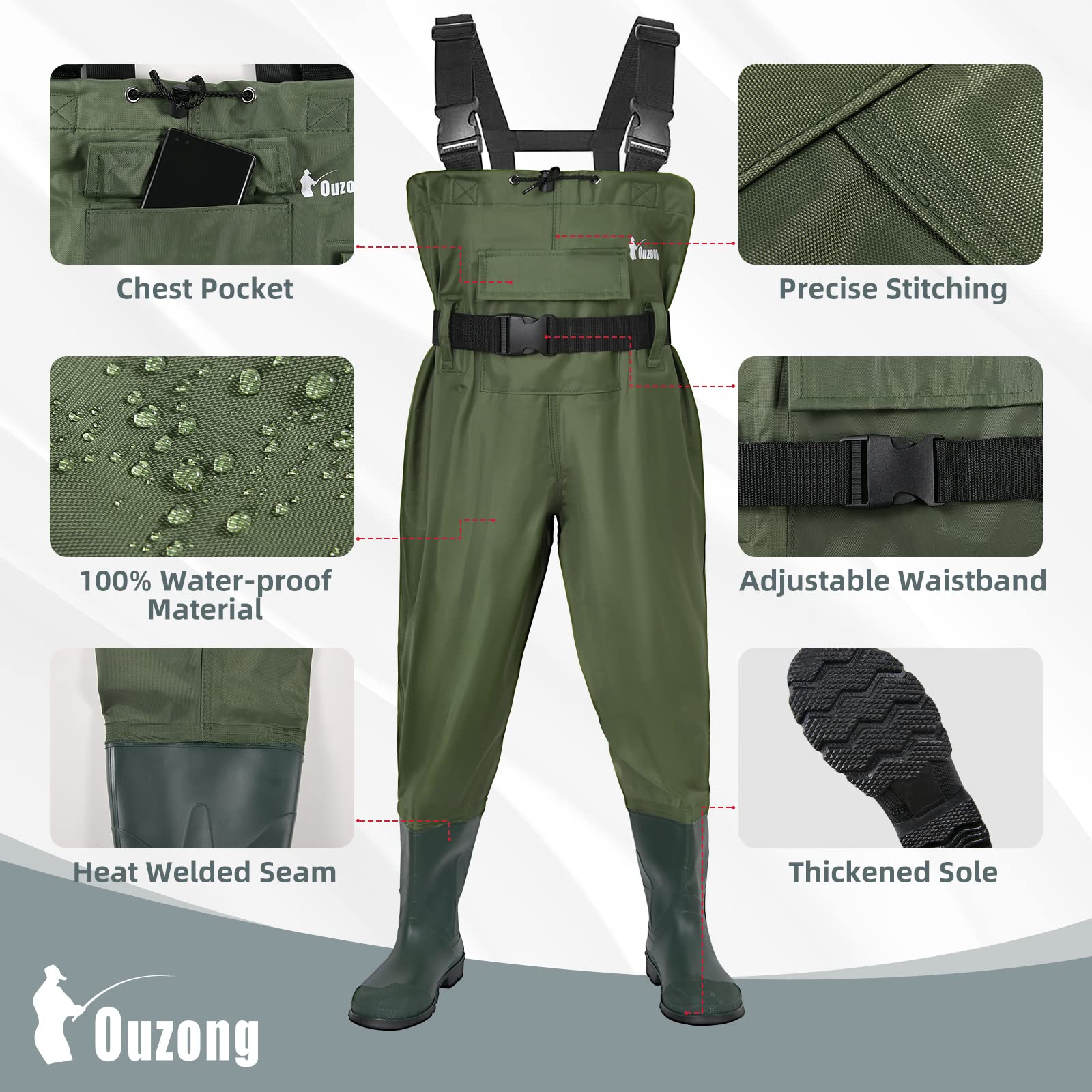 Kids Chest Waders for Toddler Children Waterproof Youth Fishing Waders for Boys Girls Neoprene Hunting Waders with Insulated Boots(Green,8-9T)
