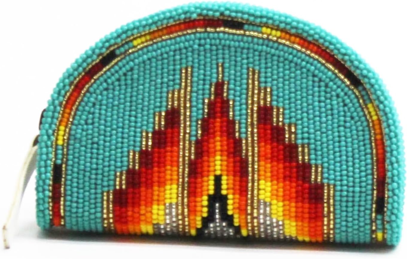 Coin Purse Native American Women Small Green - Beaded Handmade Mini Zipper Wallet Pouch - Czech Glass Seed Beads Leather Change Purse Cute Vintage Gift Wristlet Travel Compact