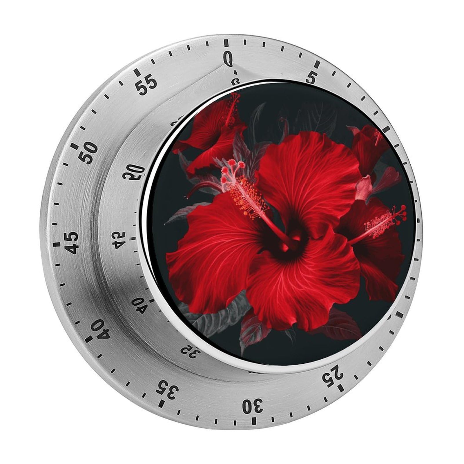 Red Hibiscus Flowers Timer Exquisite Stainless Steel Body Mechanical Desk Timers 60 Minutes Visual Countdown Timers with Magnetic Backing Loud Alarm Kitchen Timer for Cooking