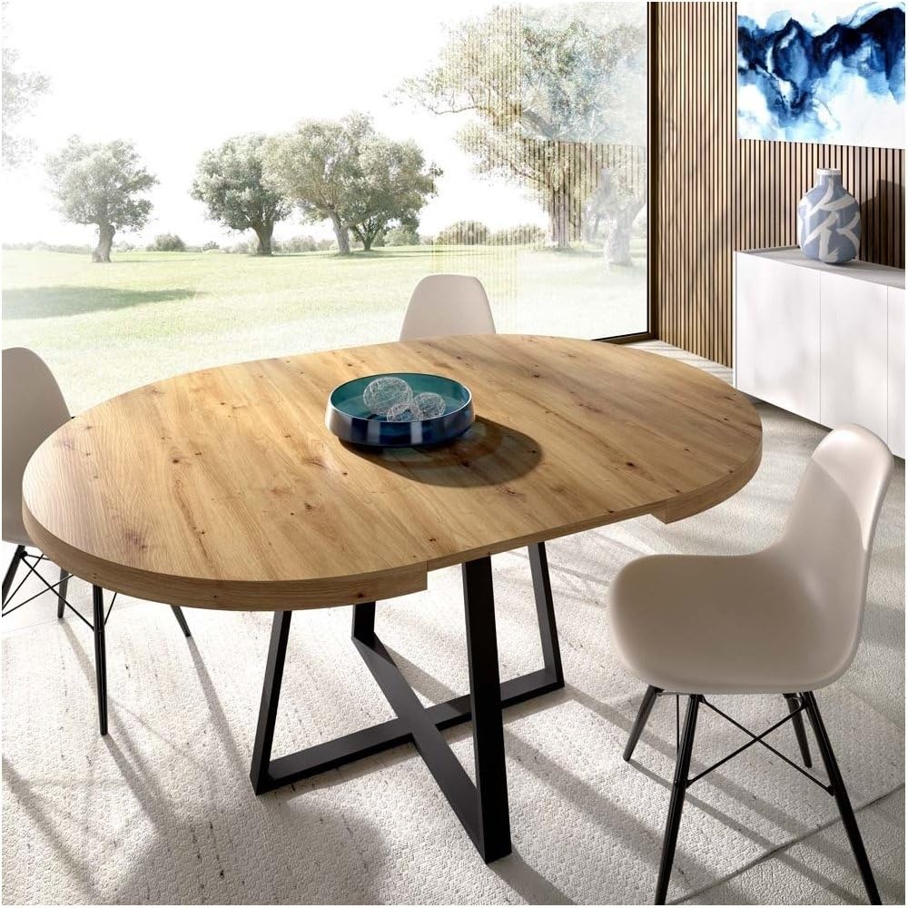 Mesa DE Comedor Redonda Extensible DISEÑO Industrial Edison, Nordic, 110 x 110 x 77 cm, Mesa de Comedor o Cocina Estilo Industrial Extensible