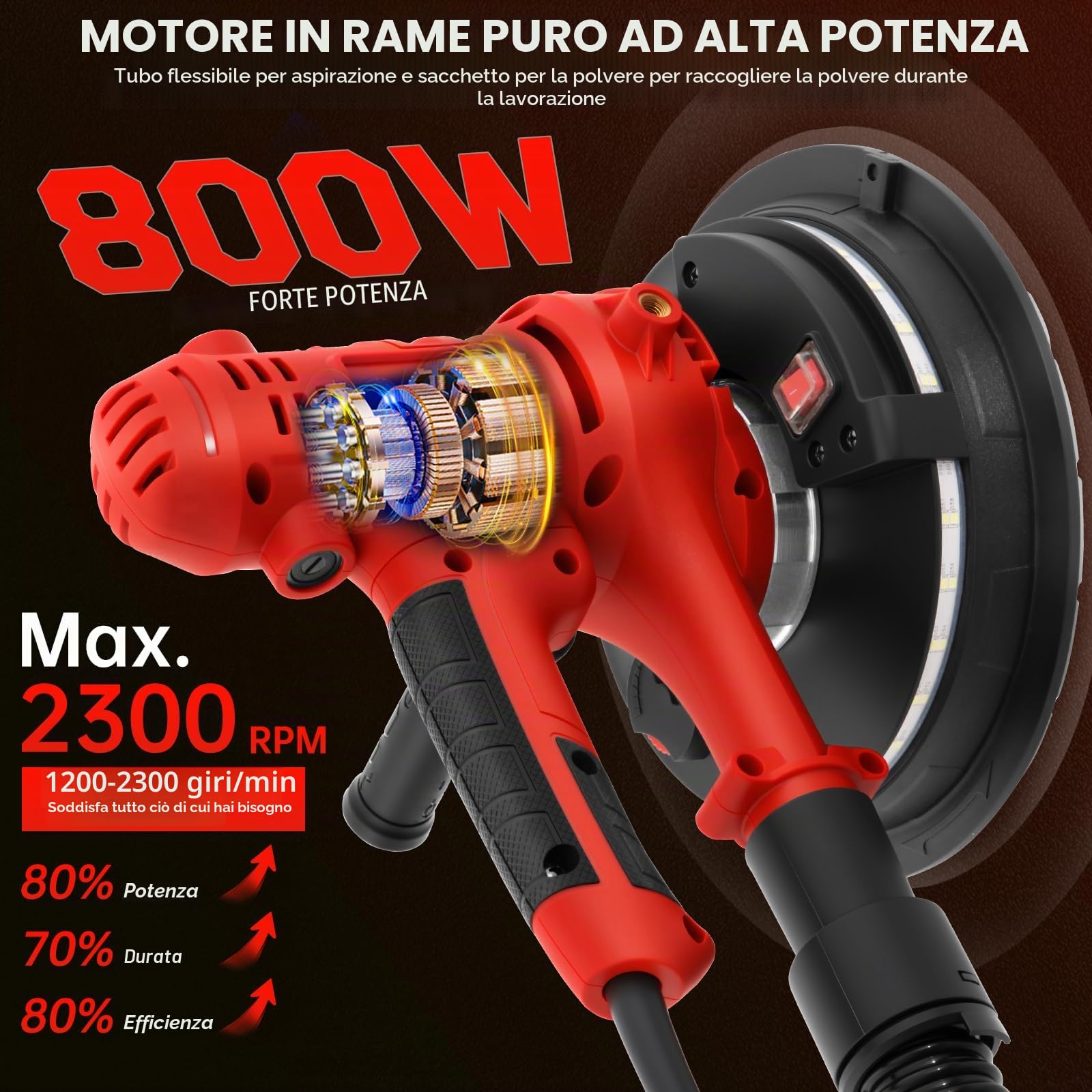 Levigatrice per Muri 800W, 1200-2300 giri/min Levigatrice a Secco Velocità Regolabile, con Aspirazione Polvere Automatica, Luce LED e 12 Dischi Abrasivi Inclusi