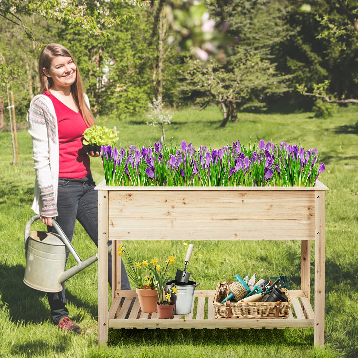 RELAX4LIFE Cama Elevada de Flores de Madera de Abeto con Estante, Huerto Urbano con Gran Superficie de Plantación para Verduras, Frutas y Hierbas, Mesa de Cultivo para Jardín, Balcón (92 x 41 x 81cm)