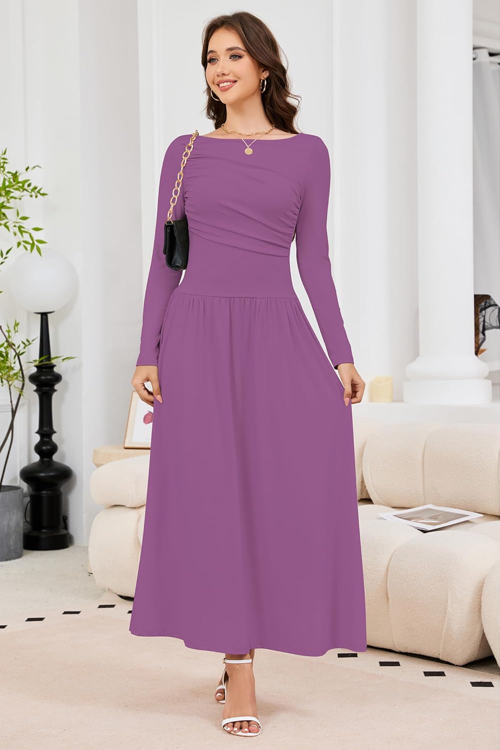 Women's 2025 Fall Long Sleeve Maxi Dress Crewneck Elegant Ruched Waist Casual Slim Pleated A Line Flowy Long Dresses - Image 2