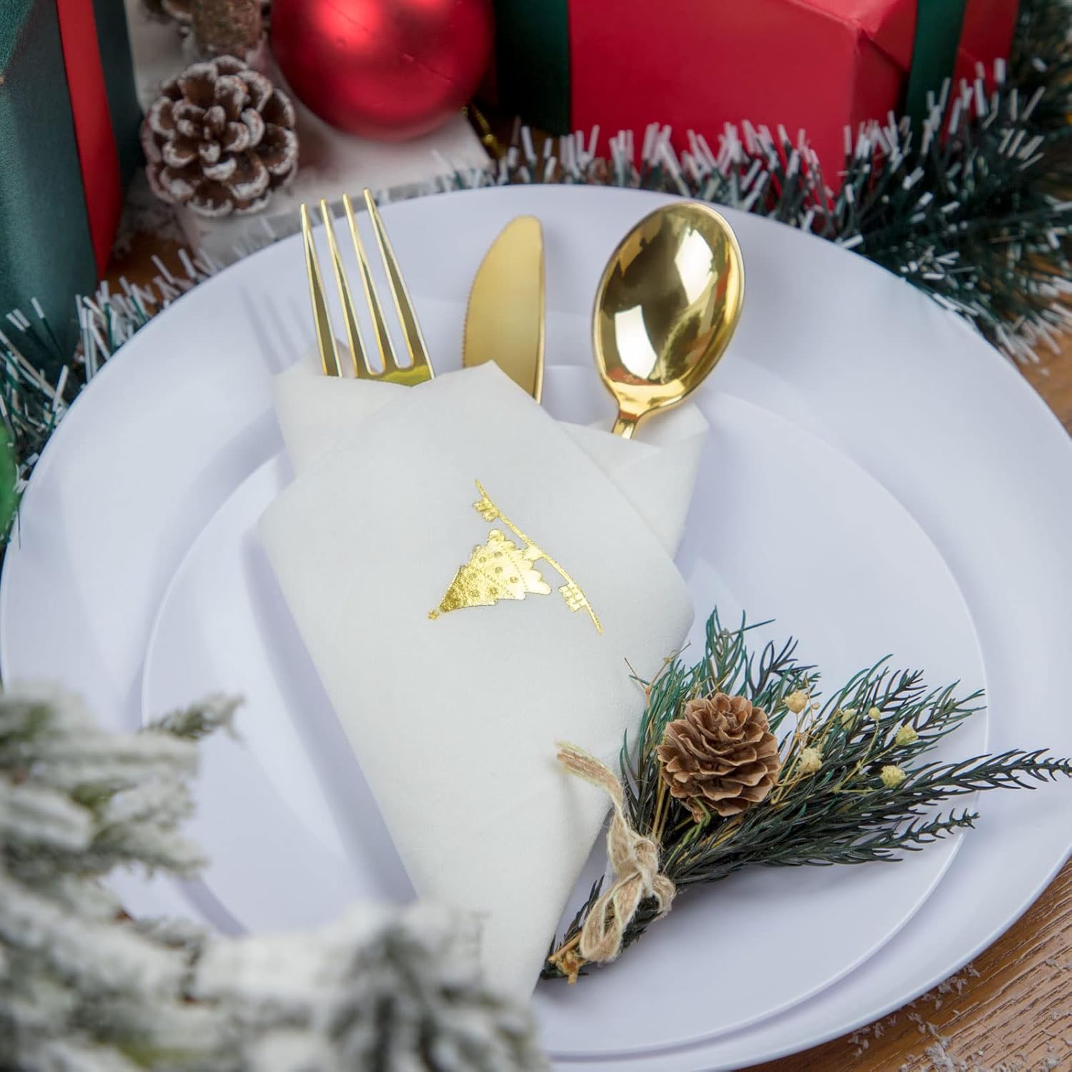 Nervure 175PCS Red and Gold Disposable Plates & 50 Pack Christmas Gold Paper Napkins