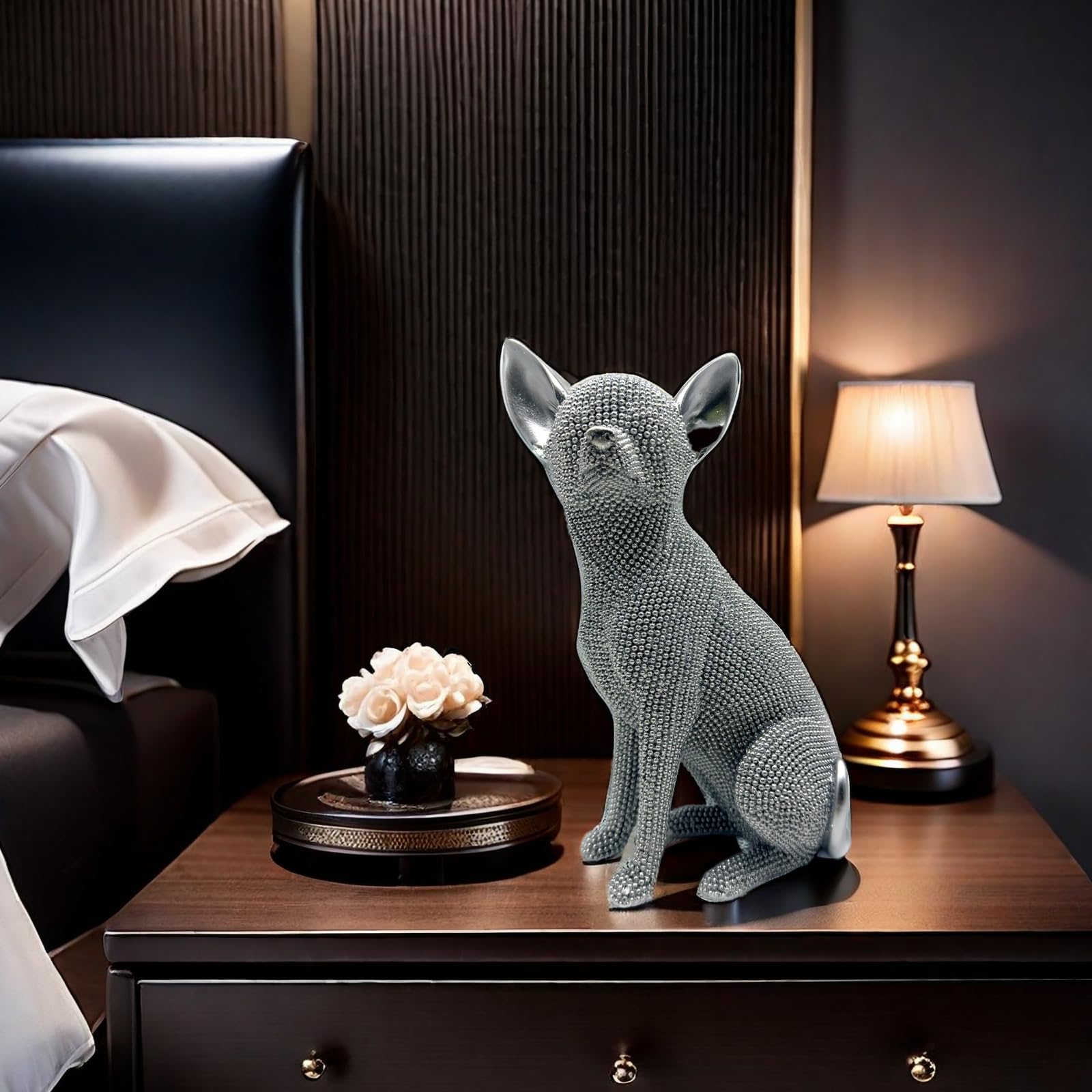FUNSXBUG Abstrakte Chihuahua-Hunde-Kunststatue, Figuren, Skulptur, Sammlerstücke, Zuhause, Büro, Wohnzimmer, Desktop-Display, Dekoration (Silber)